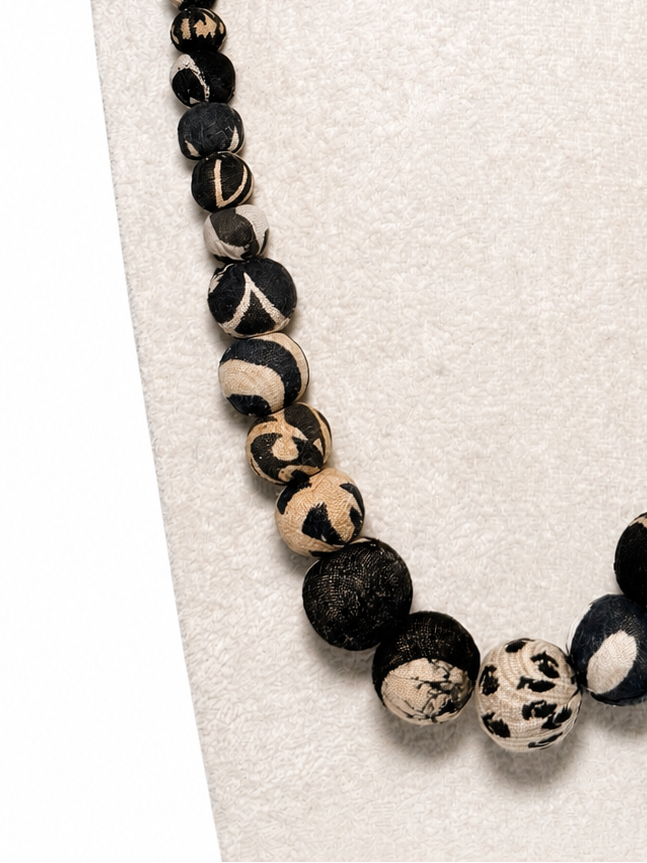 Handmade Fabric Beaded Necklace - Black and White