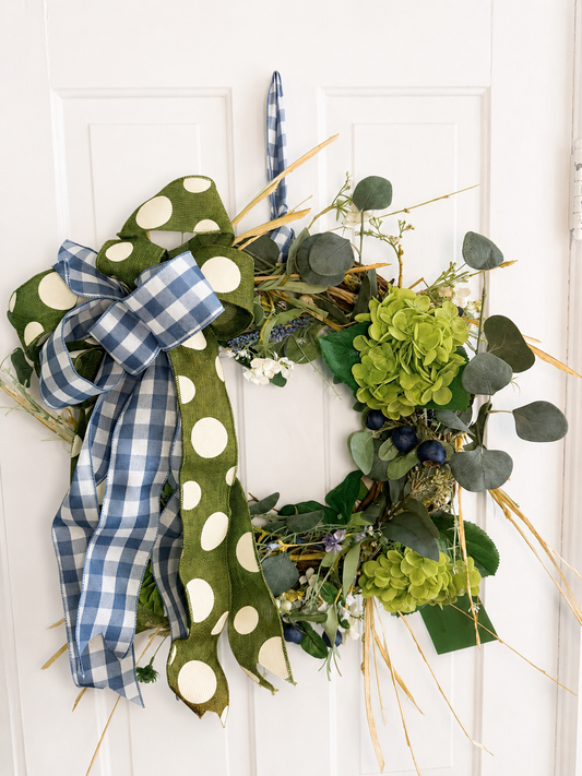 Handmade Blue and Green Wreath - Gingham and Polka Dot