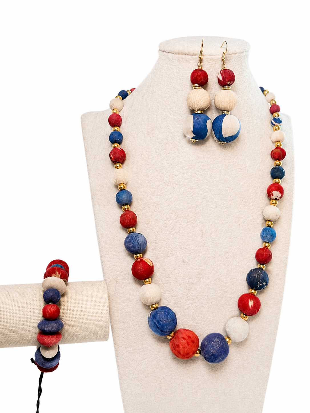 Fabric Beaded Necklace - Red, White, and Blue