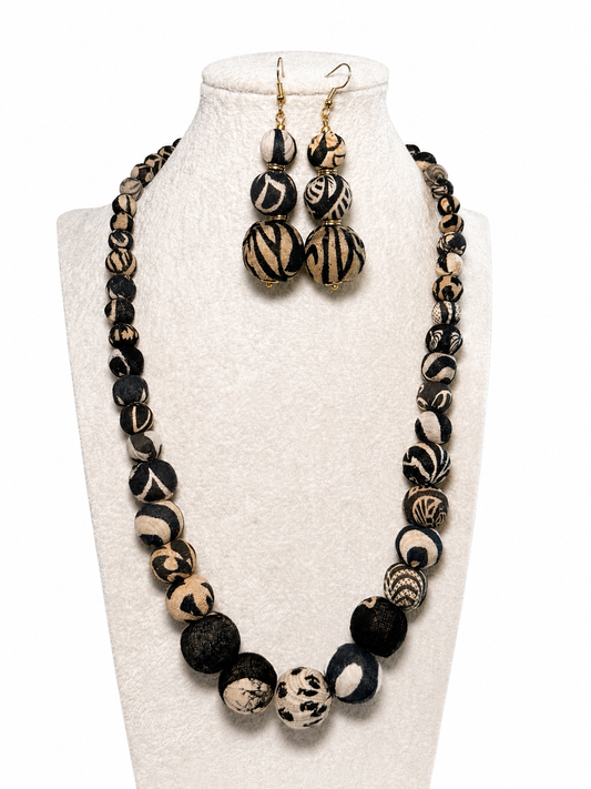 Handmade Fabric Beaded Necklace - Black and White