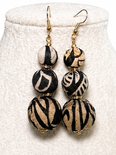 Handmade Fabric Bead Earrings - Black and White