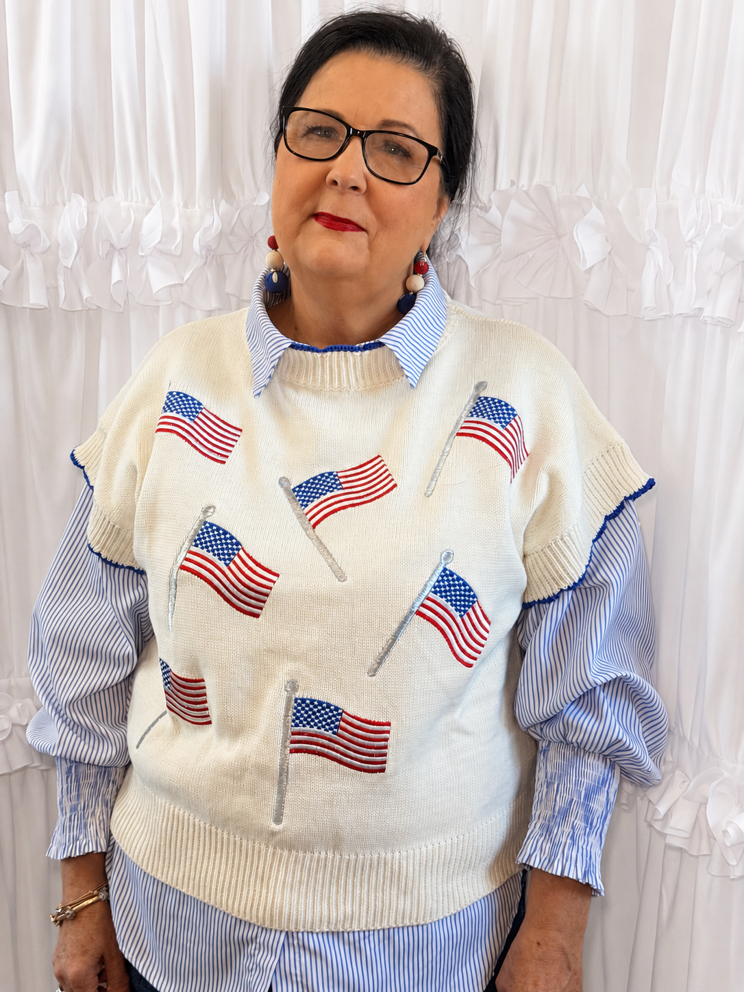 American Flag Short Sleeve Sweater - Blue Detail