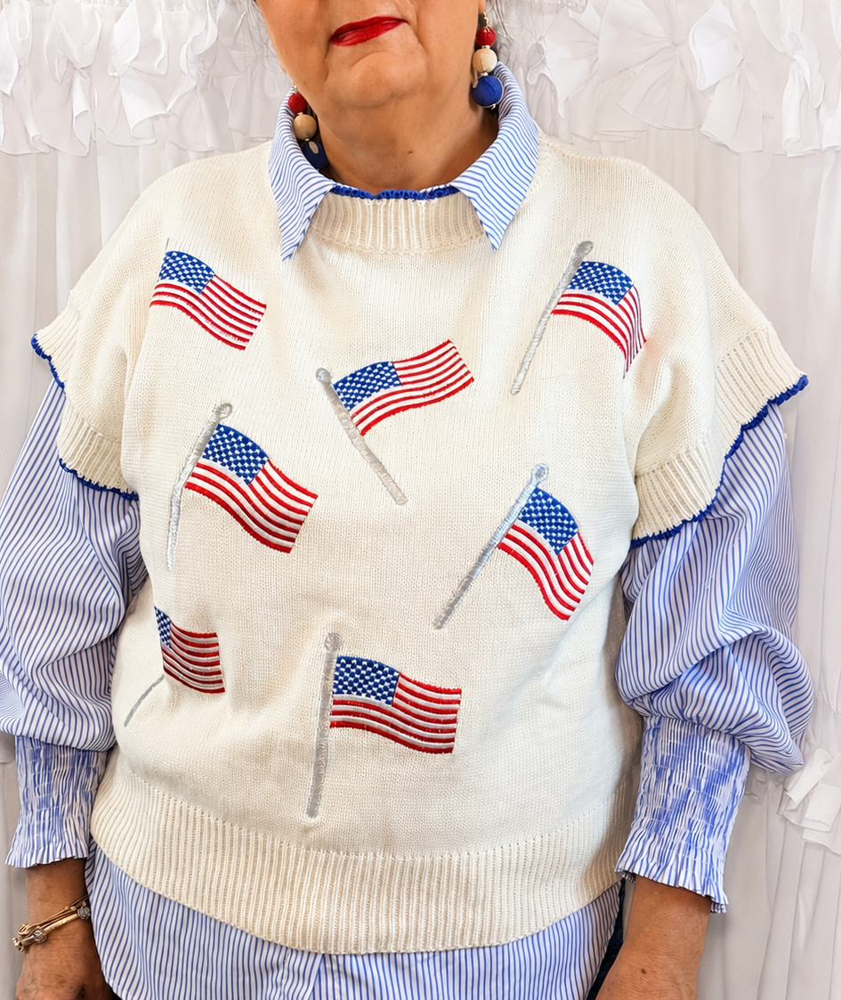 American Flag Short Sleeve Sweater - Blue Detail