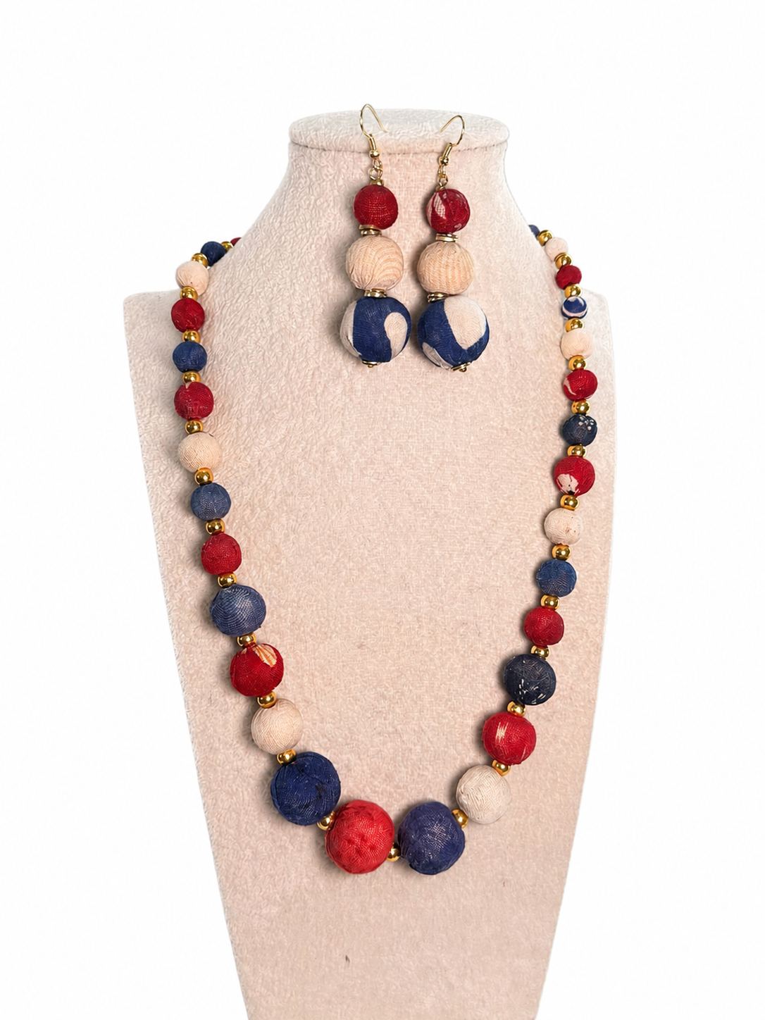 Fabric Beaded Necklace - Red, White, and Blue